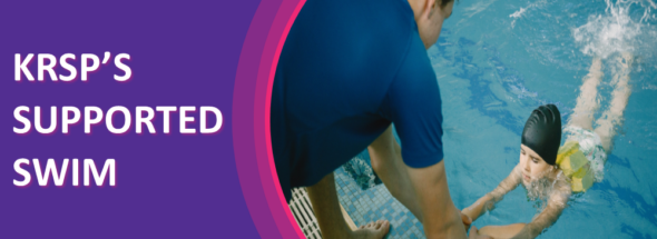 Event poster, features event name and duration. Image contains a picture of a adults assisting a child with swimming