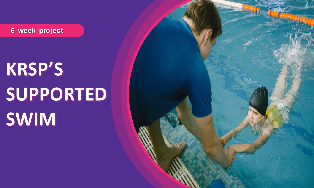 Event poster, features event name and duration. Image contains a picture of a adults assisting a child with swimming